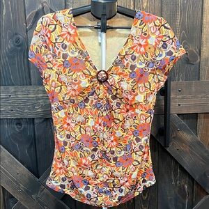 Vtg Y2K Floral Babydoll O Ring Top L Tattoo Mesh Colorful Boho Chic Ruched Retro